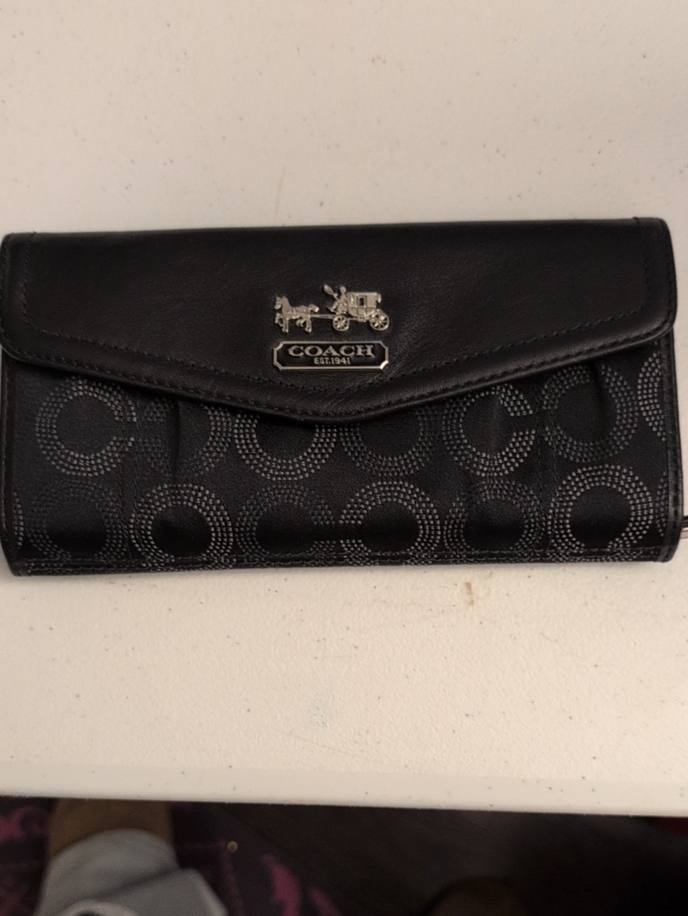 Coach Black Signature Continental Wallet with Silver Hardware
